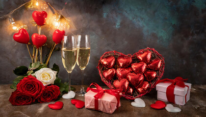 Fototapeta na wymiar Valentine Ambiance with Roses and Heart Balloons, two glasses of champagne, gift basket; happy valentines day celebration night flat lay top view