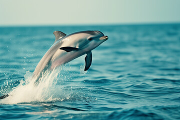 Capturing the elegance of a dolphin jumping out of the water in the ocean. one of jumping dolphins,beautiful seascape with deep ocean waters and cloudscape.