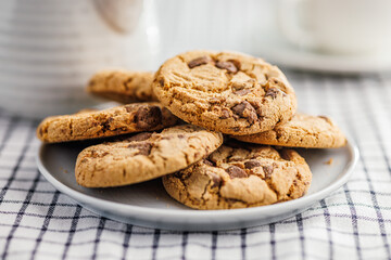 Sweet chocolate cookies on plate on checkered napkin.