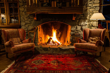 cozy fireplace with crackling flames, surrounded by comfortable armchairs and a rug