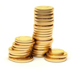 Stacks of gold coins of different heights on a white background - obrazy, fototapety, plakaty