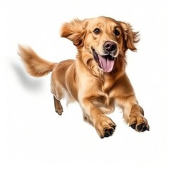 A Golden Retriever running happily with its tongue out