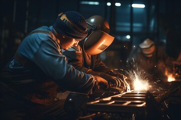 Two industrial welders working on a metal project with sparks flying