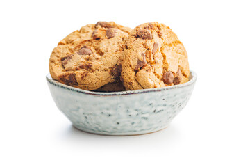 Sweet chocolate cookies in bowl isolated on white background.