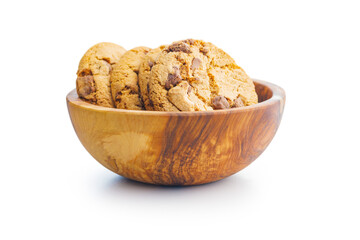 Sweet chocolate cookies in bowl isolated on white background.