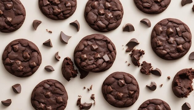 Dark chocolate cookies with chocolate chips around on a milk like warm background 