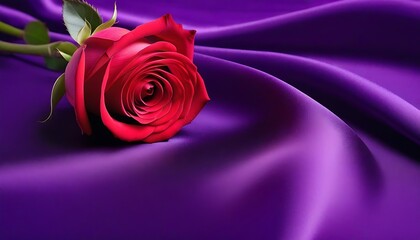 Red sscarlet rose on purple silk drapery background 
