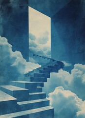 A conceptual spiral staircase leading to a bright opening among clouds