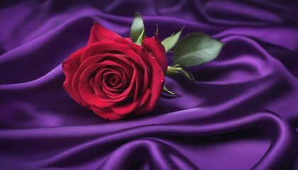 Red rose on satin silk purple drapery background 