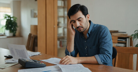 A somber scene of a worried man examining financial documents at home, reflecting on broken finances, bills, and credit issues. - obrazy, fototapety, plakaty