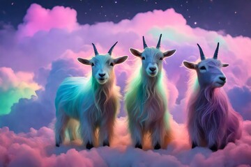  Illuminate a 3D neon Pygmy Goats against a dreamy, pastel-hued cloud background. 