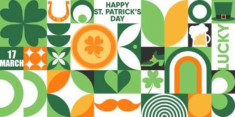 Happy St. Patrick's Day geometric seamless pattern. Modern vector background with clover leaves, shamrock, gold coins, leprechaun hat, beer, rainbow and simple forms.Neo geo art. Swiss style.  - obrazy, fototapety, plakaty