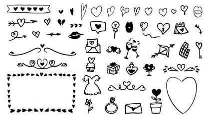 Vector Valentine's Day Doodles Set - Hearts, Arrows, Sweets, Love Letters, and more. Express love with this charming doodle collection. Perfect for romantic designs.  handraw sketches, Scribbles ink - obrazy, fototapety, plakaty