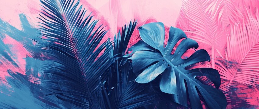 A vivid abstract of tropical leaves in a striking pink and blue color scheme