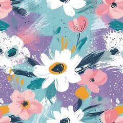Abstract pattern design with watercolor flowers in pastel hues on a textured background