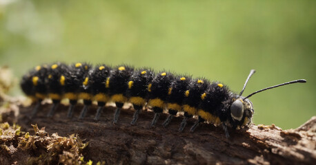 A macro shot of the Colotois pennaria, or feathered thorn moth caterpillar, in its natural forest environment.