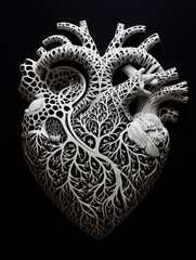 Obraz premium A human heart made of intricate lace-like patterns, in the style of paper cut art created with Generative Ai