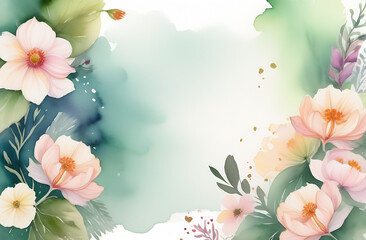Watercolor flowers, in the middle blank space for text, banner, spring greeting card concept