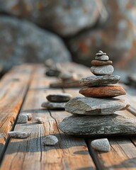 Several rocks stacked and balanced on a wooden deck