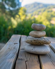 Several rocks stacked and balanced on a wooden deck