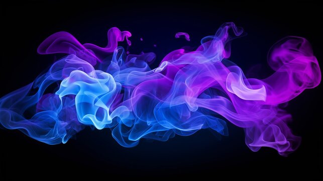 A dark background is the background for the design elements of smoke and puff clouds that are multicolored in neon blue, blue, and purple.