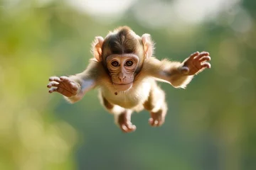 Foto op Plexiglas Single Monkey or Macaca jumping in a flying position. It leaping floats in the air with shock. a monkey was jumping from tree to tree. Common squirrel monkey jumping © Nataliia_Trushchenko