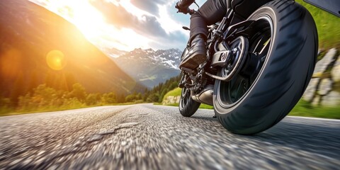 Modern motorbike on a road driving fast at a sunny day - obrazy, fototapety, plakaty