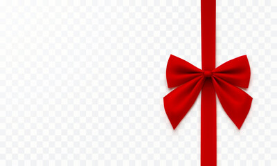 Bow isolated on transparent background. Vector Christmas red satin ribbon with shadow. 3d vertical realistic present decor or xmas gift wrap element template