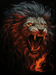 An image of a lion roaring, its mane made up of flames, in the style of symbolic realism created with Generative Ai