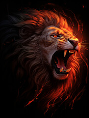 An image of a lion roaring, its mane made up of flames, in the style of symbolic realism created with Generative Ai