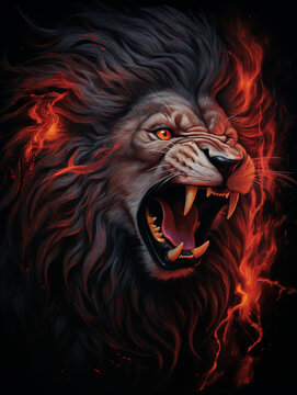 An image of a lion roaring, its mane made up of flames, in the style of symbolic realism created with Generative Ai