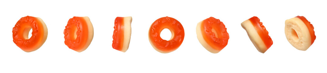 Set of donut shaped jelly gummies isolated on white background. Different angles to create a...