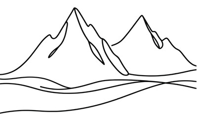 One continuous line drawing of mountain range landscape. Top view of mounts in simple linear style. Adventure winter sports concept isolated on white background. Doodle vector illustration