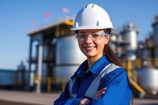 Smiling woman engineer wearing hardhat and safety glasses at industrial site