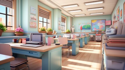 3D rendering of a colorful classroom