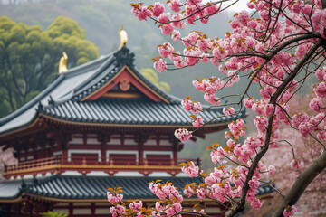 Japanese temple with a cherry blossom tree in the foreground