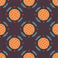 Pumpkin pie seamless pattern. Baking, pastry. Hello autumn, Thanksgiving Day. World Pie Day. Vector illustration in flat style