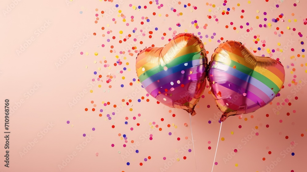 Wall mural Generative AI, Foil LGBT rainbow flag colors balloons in heart shape and confetti for Valentine's day or wedding with copy space	
 - Wall murals