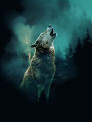 A silhouette of a wolf howling, with the scene of a serene forest within its form created with Generative Ai