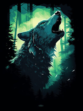 A silhouette of a wolf howling, with the scene of a serene forest within its form created with Generative Ai