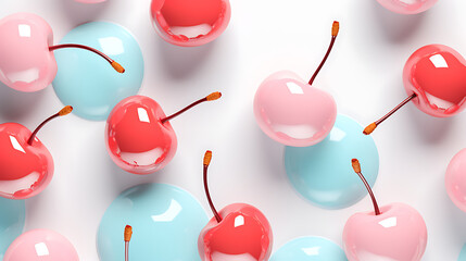 3D cherries in red and blue hues, scattered artistically against a white background - obrazy, fototapety, plakaty