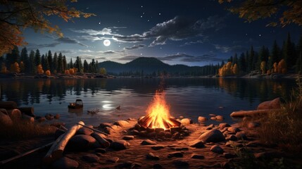 Tranquil autumn night by lake with campfire. Outdoor leisure and adventure. - obrazy, fototapety, plakaty