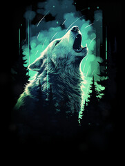 Obraz premium A silhouette of a wolf howling, with the scene of a serene forest within its form created with Generative Ai