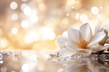 Isolated white magnolia blossom with magical bokeh background and left side copy space.