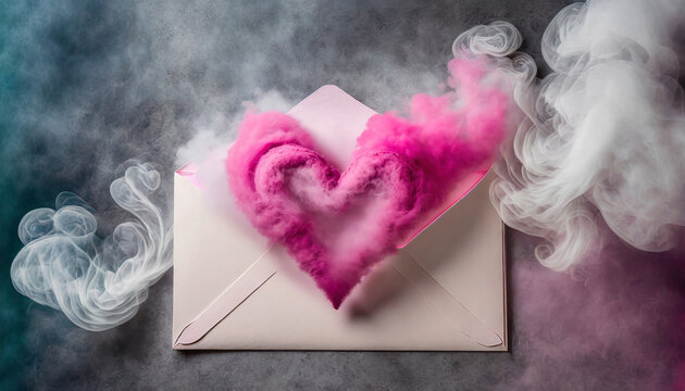 A pink envelope emitting smoke with a heart inside, against a Valentine's Day background. heart shaped smoke