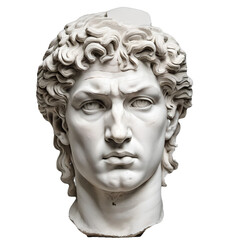 Plaster statue of David's head.  Plaster copy of Michelangelo's statue of David isolated. Ancient Greek sculpture on white or transparent background Generative AI