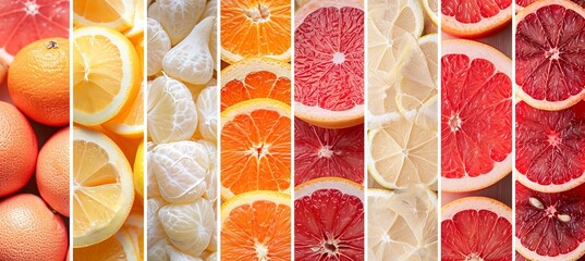 Vibrant assortment of citrus fruit products collage with elegant white vertical lines