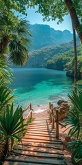 A tropical paradise with boardwalk over the turquoise water. 