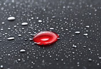 Water droplets on the water-repellent surface of a black and red waterproof bag