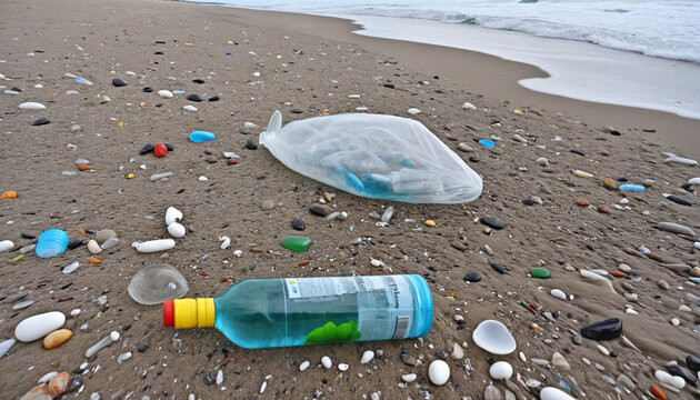 High-quality stock photo of garbage and plastic pollution on the beach. Ocean contamination caused by trash and plastic waste.